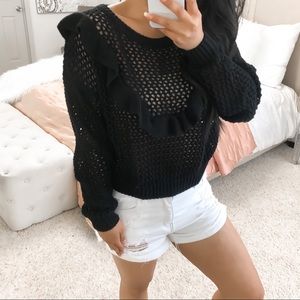 Black ruffle detail open knit sweater